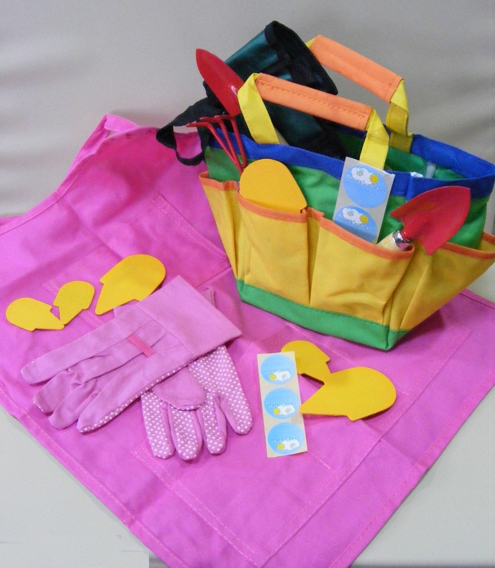 Childrens Gardening Caddy Gift Set Mini Hand Tools Pink Apron & Gloves with Seed